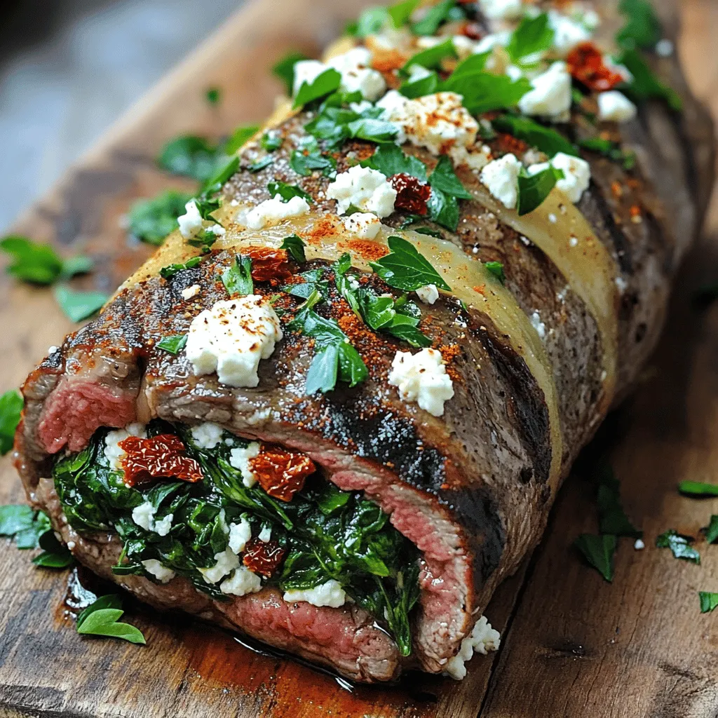 Um ein gefülltes Flankensteak zuzubereiten, müssen Sie zuerst die Zutaten sammeln. Für mein Rezept benötige ich 1,5 kg Flanksteak, 200 g Feta, 100 g Spinat, und 50 g getrocknete Tomaten. Außerdem verwende ich 3 Knoblauchzehen, 1 Zwiebel, Olivenöl, getrockneten Oregano, Paprika, Salz, Pfeffer und frische Petersilie. Diese Zutaten geben dem Steak Geschmack und Textur.