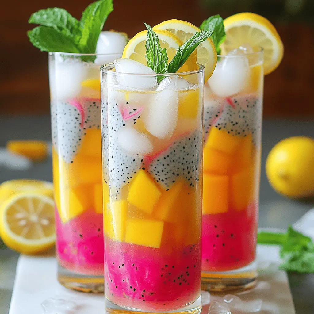 Um die Mango Dragon Fruit Lemonade zuzubereiten, benötigst du einige frische Zutaten. Du brauchst eine reife Mango, eine mittelgroße Drachenfrucht, Wasser, frischen Zitronensaft, Honig oder Agavensirup, Eiswürfel und frische Minzblätter zur Dekoration. Diese Zutaten machen das Getränk lecker und erfrischend.