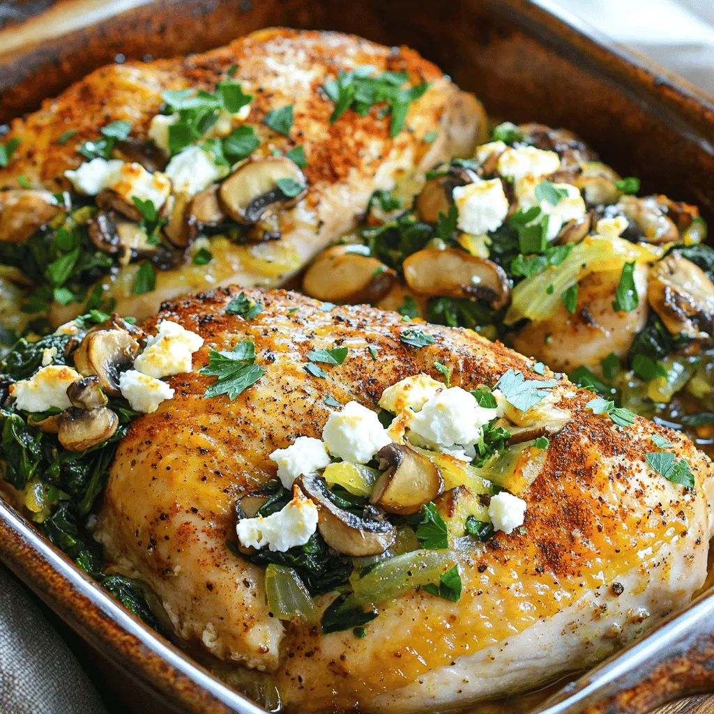 Für dieses Rezept benötigst du einige frische Zutaten. Du brauchst 4 Hühnerbrustfilets. Dann sind 250 g Champignons wichtig, fein gehackt. Eine kleine Zwiebel, gewürfelt, bringt Geschmack. 2 gepresste Knoblauchzehen geben ein tolles Aroma. 100 g frischer oder gefrorener Spinat sind ebenfalls nötig. Du solltest auch 100 g zerbröckelten Fetakäse bereitstellen. Außerdem kommen 1 Teelöffel getrockneter Oregano und 1 Teelöffel geräucherte Paprika dazu. 2 Esslöffel Olivenöl, Salz und Pfeffer sind die letzten Zutaten. Frische Petersilie nutzt du zur Dekoration.