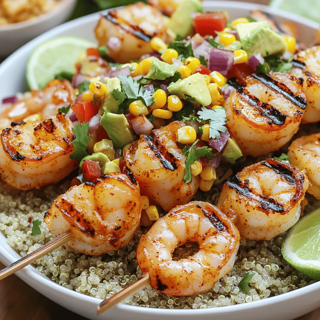 Für die Garnelen brauchst du: - 450 g große Garnelen, geschält und entdärmt - 2 Esslöffel Olivenöl - 1 Teelöffel geräuchertes Paprikapulver - 1 Teelöffel Knoblauchpulver - Salz und schwarzer Pfeffer nach Geschmack Diese Zutaten geben den Garnelen einen tollen Geschmack. Das geräucherte Paprikapulver bringt eine angenehme Rauchigkeit. Die Garnelen werden durch das Grillen zart und saftig. Für die Salsa benötigst du: - 240 ml gekochter Quinoa oder Reis - 1 Avocado, gewürfelt - 240 g Mais (frisch, gefroren oder aus der Dose) - 1 kleine rote Zwiebel, fein gehackt - 1 rote Paprika, gewürfelt - Saft von 1 Limette - 2 Esslöffel frisch gehackter Koriander Diese Zutaten sorgen für Frische und Crunch. Avocado bringt Cremigkeit, während der Mais eine süße Note hinzufügt. Die Limette gibt einen spritzigen Kick und der Koriander rundet alles ab. Du kannst auch diese Zutaten hinzufügen: - 1 kleine Jalapeño, fein gehackt - 1 Teelöffel Honig oder Agavendicksaft - Feta-Käse, zerbröselt Diese Optionen verleihen deiner Bowl mehr Tiefe. Die Jalapeño sorgt für Schärfe, während Honig eine süße Balance schafft. Feta fügt einen herzhaften Geschmack hinzu und macht das Gericht noch schmackhafter.Um die Garnelen perfekt zuzubereiten, beginne mit einer großen Schüssel. Füge die geschälten und entdarmten Garnelen hinzu. Gieße das Olivenöl darüber. Jetzt kommen die Gewürze ins Spiel. Streue geräuchertes Paprikapulver und Knoblauchpulver hinein. Gib Salz und Pfeffer nach Geschmack dazu. Mische alles gut, bis die Garnelen gleichmäßig bedeckt sind. Wenn du Holzspieße benutzt, weiche sie 30 Minuten in Wasser ein. Danach stecke die Garnelen auf die Spieße. Für die frische Mais-Salsa nimm eine separate Schüssel. Füge den Mais hinzu, egal ob frisch, gefroren oder aus der Dose. Dann kommt die gewürfelte Avocado dazu. Hacke die rote Zwiebel fein und gib sie in die Schüssel. Würfle die rote Paprika und füge sie ebenfalls hinzu. Presse den Saft einer Limette darüber. Zum Schluss streue frisch gehackten Koriander hinein. Rühre vorsichtig um, damit alle Zutaten gut vermischt sind. Um die Bowls zusammenzustellen, starte mit einer Basis aus gekochtem Quinoa oder Reis. Löffle eine Portion in jede Schüssel. Jetzt kommen die gegrillten Garnelen obendrauf. Füge einen großzügigen Löffel der Avocado- und Mais-Salsa hinzu. Optional kannst du etwas Olivenöl darüber träufeln. Ein zusätzlicher Spritzer Limette bringt noch mehr Geschmack. Für eine einladende Präsentation serviere jede Bowl mit Limettenstücken und frischem Koriander obendrauf. Ein bunter Teller macht das Essen noch schöner.Um perfekte Garnelen zu grillen, ist die richtige Technik wichtig. Zuerst sollte der Grill gut vorgeheizt sein. Eine mittelhohe Hitze sorgt für gleichmäßiges Garen. Ich empfehle, die Garnelen auf Spieße zu stecken. So fallen sie nicht durch den Grillrost. Wenn du Holzspieße verwendest, weiche sie vorher in Wasser ein. Das verhindert, dass sie verbrennen. Grill die Garnelen zwei bis drei Minuten auf jeder Seite. Sie sollten rosa und durchscheinend sein. Übergrille sie nicht, sonst werden sie zäh. Die Salsa sollte frisch und knackig sein. Verwende reife Avocados, die gut schmecken. Schneide die Zutaten gleichmäßig klein. Das sorgt für einen schönen Biss. Mische die Salsa vorsichtig, um die Avocado nicht zu zerdrücken. Du willst, dass die Stücke sichtbar bleiben. Lass die Salsa vor dem Servieren etwas ziehen. Dadurch verbinden sich die Aromen besser. Ein Spritzer Limettensaft hilft, alles frisch zu halten. Für die Garnelen-Bowl gibt es viele tolle Beilagen. Gekochter Quinoa oder Reis ist eine einfache Wahl. Sie bieten eine gesunde Basis. Du kannst auch Tortilla-Chips für einen knusprigen Effekt hinzufügen. Salate wie grüner Blattsalat oder Tomatensalat passen gut. Sie bringen Farbe und Frische. Auch ein Joghurt-Dip kann das Gericht abrunden. Experimentiere mit deinen Lieblingsbeilagen. Das macht jede Bowl einzigartig.{{image_4}} Wenn du eine vegetarische Version der Garnelen-Bowl machen möchtest, gibt es viele Möglichkeiten. Du kannst Tofu oder Tempeh verwenden. Beide nehmen die Aromen gut auf. Mariniere sie mit Olivenöl, Paprika und Knoblauch. Dann grille sie, bis sie goldbraun sind. Eine andere Option sind gegrillte Champignons. Sie bieten einen herzhaften Geschmack und eine tolle Textur. Die Mais-Salsa ist sehr anpassbar. Füge gewürfelte Gurken für zusätzlichen Crunch hinzu. Du könntest auch schwarze Bohnen für mehr Protein verwenden. Ein bisschen Jalapeño bringt Schärfe, wenn du es magst. Frische Tomaten sorgen für mehr Saftigkeit. Experimentiere mit verschiedenen Kräutern wie Minze oder Petersilie für einen neuen Geschmack. Quinoa oder Reis sind tolle Grundlagen, aber du kannst auch andere Körner nutzen. Probiere Farro oder Bulgur für eine nussige Note. Zoodles, also Zucchini-Nudeln, sind eine frische und kalorienarme Option. Für eine sättigende Beilage sind Tortillas oder ein gemischter Salat ideal. So hast du viele Möglichkeiten, die Garnelen-Bowl nach deinem Geschmack zu gestalten. Um die Garnelen-Bowls frisch zu halten, lege sie in einen luftdichten Behälter. Trenne die Garnelen von der Salsa, um die Aromen zu bewahren. Du kannst die Bowls bis zu drei Tage im Kühlschrank lagern. Das hilft, die Textur und den Geschmack zu sichern. Erwärme die Bowls langsam in der Mikrowelle. Stelle die Mikrowelle auf mittlere Hitze ein. Achte darauf, die Garnelen nicht zu überhitzen, damit sie zäh werden. Alternativ kannst du die Garnelen in einer Pfanne bei niedriger Hitze leicht anbraten. Füge dabei ein wenig Olivenöl hinzu, um das Aroma zu verstärken. Im Kühlschrank halten sich die Garnelen-Bowls bis zu drei Tage. Wenn du sie länger lagern möchtest, friere die Garnelen und die Salsa getrennt ein. So bleiben die Aromen frisch. Im Gefrierschrank sind sie bis zu drei Monate haltbar. Denke daran, die Bowls vor dem Servieren im Kühlschrank aufzutauen. Um die Garnelen schmackhafter zu machen, marinieren Sie sie. Verwenden Sie Olivenöl, Zitrussaft oder Gewürze. Ich empfehle geräuchertes Paprikapulver und Knoblauchpulver. Diese geben einen tollen Geschmack. Lassen Sie die Garnelen mindestens 30 Minuten marinieren. So ziehen die Aromen gut ein. Ja, das Rezept lässt sich gut im Voraus zubereiten. Sie können die Garnelen marinieren und die Salsa vorbereiten. Lagern Sie diese in einem luftdichten Behälter im Kühlschrank. Grillen Sie die Garnelen kurz vor dem Servieren. So bleibt alles frisch und lecker. Zu diesem Gericht passen viele Getränke gut. Ein frischer Weißwein wie Sauvignon Blanc passt perfekt. Auch ein leichter Rosé ist eine gute Wahl. Für eine alkoholfreie Option probieren Sie Limonade oder ein sprudelndes Wasser mit Limette. Diese Getränke ergänzen die Aromen der Garnelen-Bowl. In diesem Blogbeitrag haben wir die besten Zutaten für schmackhafte Garnelen-Bowls behandelt. Du hast gelernt, wie du Garnelen und die perfekte Salsa zubereitest. Wir haben Tipps für das Grillen und die richtige Konsistenz gegeben. Auch Vegetarier finden leckere Alternativen. Die Aufbewahrungshinweise helfen dir, Reste gut zu lagern. Denk an die passenden Getränke, um dein Gericht abzurunden. Probiere die Tipps aus und genieße dein selbstgemachtes Gericht!