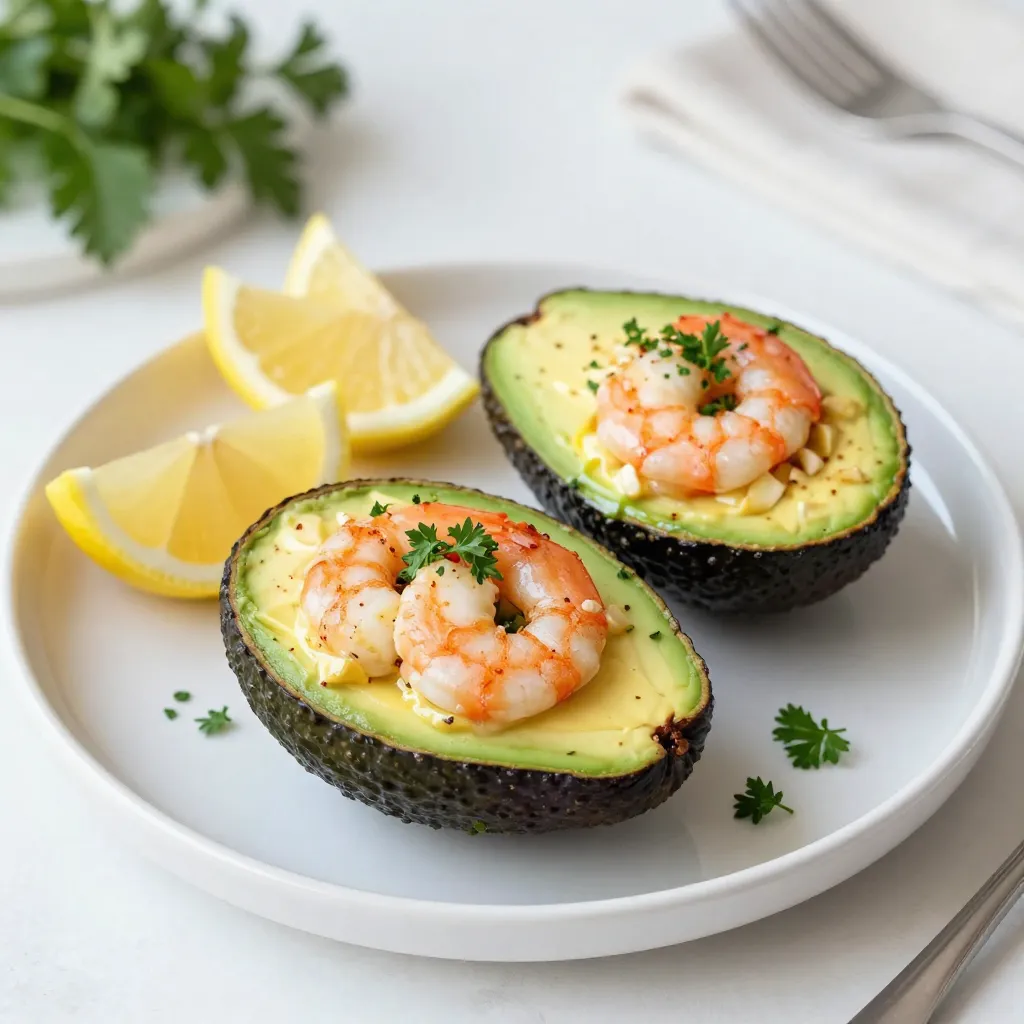Knoblauchbutter-Garnelen gefüllte Avocados frisch genießen