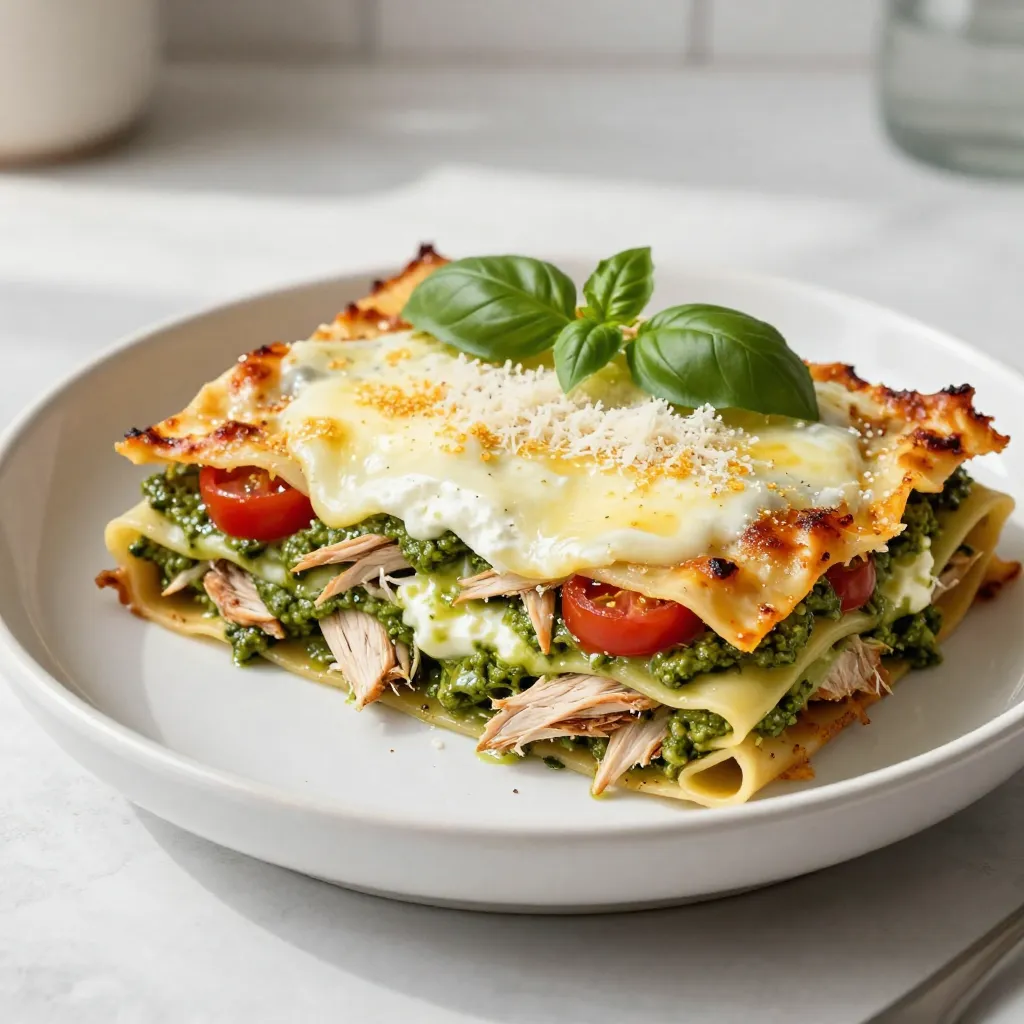 Cremige Pesto-Hühnchen-Lasagne Einfache und schnelle Mahlzeit
