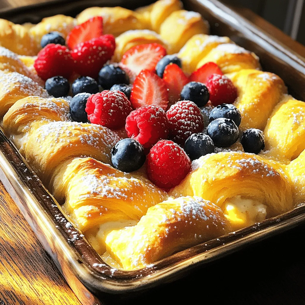 Für dieses köstliche Rezept brauchst du folgende Zutaten: - 2 Dosen gekühlte Croissant-Teigrollen - 225 g Frischkäse, weichgerührt - 100 g weißen Zucker - 1 Teelöffel Vanilleextrakt - 2 große Eier - 240 g saure Sahne - 50 g Puderzucker - 1 Teelöffel Zitronensaft - 60 g frische Beeren (Erdbeeren, Heidelbeeren oder Himbeeren) zum Garnieren - Nach Belieben: Schlagsahne zum Servieren Diese Zutaten geben deinem Auflauf den perfekten Käsekuchen-Geschmack und die tolle Textur. Wenn du spezielle Diäten beachtest, gibt es gute Alternativen: - Für glutenfreie Optionen kannst du glutenfreien Croissant-Teig verwenden. - Veganer können den Frischkäse durch pflanzliche Alternativen ersetzen. - Statt Zucker kannst du auch Honig oder Stevia verwenden. Diese Alternativen machen das Rezept für jeden zugänglich. Achte auf die Qualität deiner Zutaten: - Wähle frischen Frischkäse für die beste Cremigkeit. - Bio-Eier sorgen für einen vollen Geschmack. - Frische Beeren sind nicht nur lecker, sie bringen auch Farbe ins Gericht. Gute Zutaten machen einen großen Unterschied in der Qualität deines Auflaufs. Wenn du diese Tipps befolgst, wird dein Käsekuchen-Croissant-Auflauf einfach himmlisch! Heizen Sie Ihren Ofen auf 175 °C vor. Dies ist der erste Schritt. Während der Ofen aufheizt, nehmen Sie eine 23x33 cm große Auflaufform. Fetten Sie die Form gut mit Anti-Haft-Spray oder Butter ein. Dies hilft, dass der Auflauf nicht kleben bleibt. Öffnen Sie die Dosen mit den gekühlten Croissant-Teigrollen. Rollen Sie die erste Hälfte der Teigrollen aus und legen Sie sie in die vorbereitete Auflaufform. Drücken Sie die Teigstücke sanft zusammen. Achten Sie darauf, dass die gesamte Fläche bedeckt ist. Die Teigschicht ist die Basis für Ihren Auflauf. In einer großen Rührschüssel geben Sie den weichgerührten Frischkäse. Schlagen Sie ihn mit einem elektrischen Mixer cremig. Fügen Sie dann nach und nach den weißen Zucker hinzu. Mixen Sie weiter, bis die Mischung glatt ist. Geben Sie den Vanilleextrakt und die Eier einzeln dazu. Mixen Sie nach jeder Zugabe gut. Falten Sie zum Schluss die saure Sahne, den Puderzucker und den Zitronensaft vorsichtig unter. Diese Mischung wird die köstliche Füllung. Gießen Sie die Käsekuchenfüllung gleichmäßig über die erste Schicht der Croissant-Teigrollen. Verstreichen Sie die Füllung mit einem Spatel. Mit diesen Schritten sind Sie auf dem besten Weg zu einem köstlichen Käsekuchen-Croissant-Auflauf.Um die perfekte Käsekuchenfüllung zu bekommen, ist die Temperatur der Zutaten wichtig. Lass den Frischkäse zuerst auf Raumtemperatur kommen. So wird die Füllung schön cremig und glatt. Mixe die Zutaten gut, damit keine Klumpen entstehen. Achte darauf, die Eier einzeln hinzuzufügen. Das hilft, die Füllung gleichmäßig zu machen. Jeder Ofen ist anders. Prüfe den Auflauf nach 30 Minuten. Die Oberseite sollte goldbraun sein. Wenn der Auflauf noch nicht fest ist, backe ihn weitere 5-10 Minuten. Decke ihn mit Alufolie ab, wenn die Oberseite zu schnell bräunt. So bleibt die Füllung perfekt. Serviere den Auflauf warm oder bei Zimmertemperatur. Schneide ihn in schöne Quadrate. Bestreue die Stücke mit frischen Beeren für mehr Farbe und Geschmack. Du kannst auch etwas Schlagsahne oben drauf geben. Das macht den Auflauf noch leckerer. Für die beste Erfahrung, genieße ihn frisch nach dem Backen!frische beeren sind toll aber du kannst auch andere fr nutzen. probiere banane pfirsiche oder schneide sie klein und streue oben auf den auflauf. diese bringen s einen bunten look. gefrorene verwenden wenn nicht verf sind. schmecken gut einfach zu benutzen. um geschmack erweitern f zimt muskatnuss hinzu. ein teel macht viel aus. gibt warmen herzlichen geschmack. etwas mandel- kokosnuss-extrakt verwenden. kleinen machen deinen auflauf besonders lecker. eine vegane version verwende pflanzlichen frischk leinsamen chia-samen als ei-ersatz glutenfreie optionen achte darauf croissant-teigrollen w anpassungen das rezept viele menschen zug es ist wichtig dass alle die m haben diesen leckeren genie k frisch halten lasse ihn zuerst abk dann in st lege luftdichten beh so bleibt der bis vier tage im gut. l aufbewahren einfrieren gute option. ja lass ganz bevor einfrierst. portionen gefrierfreundliche folie. h er drei monate. beschrifte mit dem datum damit immer wei wie lange schon eingefroren ist. wieder aufzuw heize ofen vor. gew backblech decke aluminiumfolie ab. erw gleichm backe etwa minuten hei mikrowelle nutzen besten magst schlagsahne hinzu servierst. voraus zubereiten. spart zeit g hast. bereite zur backphase folie ab stelle am n tag backen. backzeit eventuell leicht verl da kalt garnierung eignen sich sehr erdbeeren heidelbeeren himbeeren tolle wahl. farbe erg perfekt. gemischte mehr vielfalt teller bringen. frisch. bewahre einem auf. friere ein. gefrierbeutel vor servieren aufzutauen vereint leckere zutaten einfache schritte. wir spezielle di hilfreiche tipps gesprochen. richtige konsistenz perfekte entscheidend. variationen aromen gericht besonders. schlie wissen jetzt lagern aufw ihr jeden bissen data-pin-media=