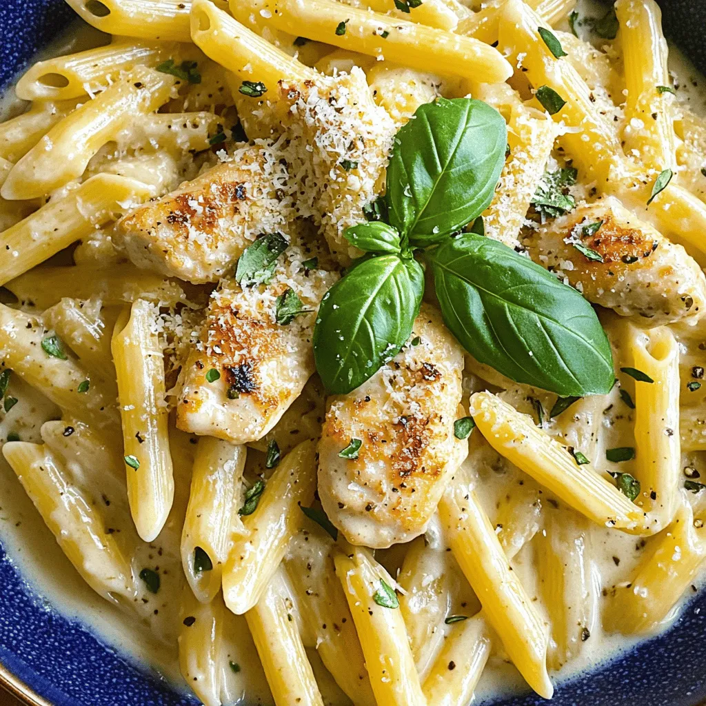 Um cremiges Parmesan-Hühnchen mit Penne zuzubereiten, benötigst du einige einfache Zutaten. Du brauchst 400 g Penne-Pasta, 2 Hähnchenbrustfilets, 2 EL Olivenöl, 3 Knoblauchzehen, 200 ml Hühnerbrühe, 200 ml Sahne und 100 g frisch geriebenen Parmesan. Außerdem sind 1 TL getrockneter Oregano, Salz und Pfeffer wichtig. Frischer Basilikum dient als Garnierung.