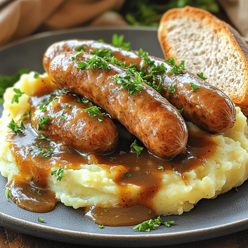 - 6 Irish sausages (Bangers) - 4 große Kartoffeln, geschält und gewürfelt - 1 Tasse Rinderbrühe