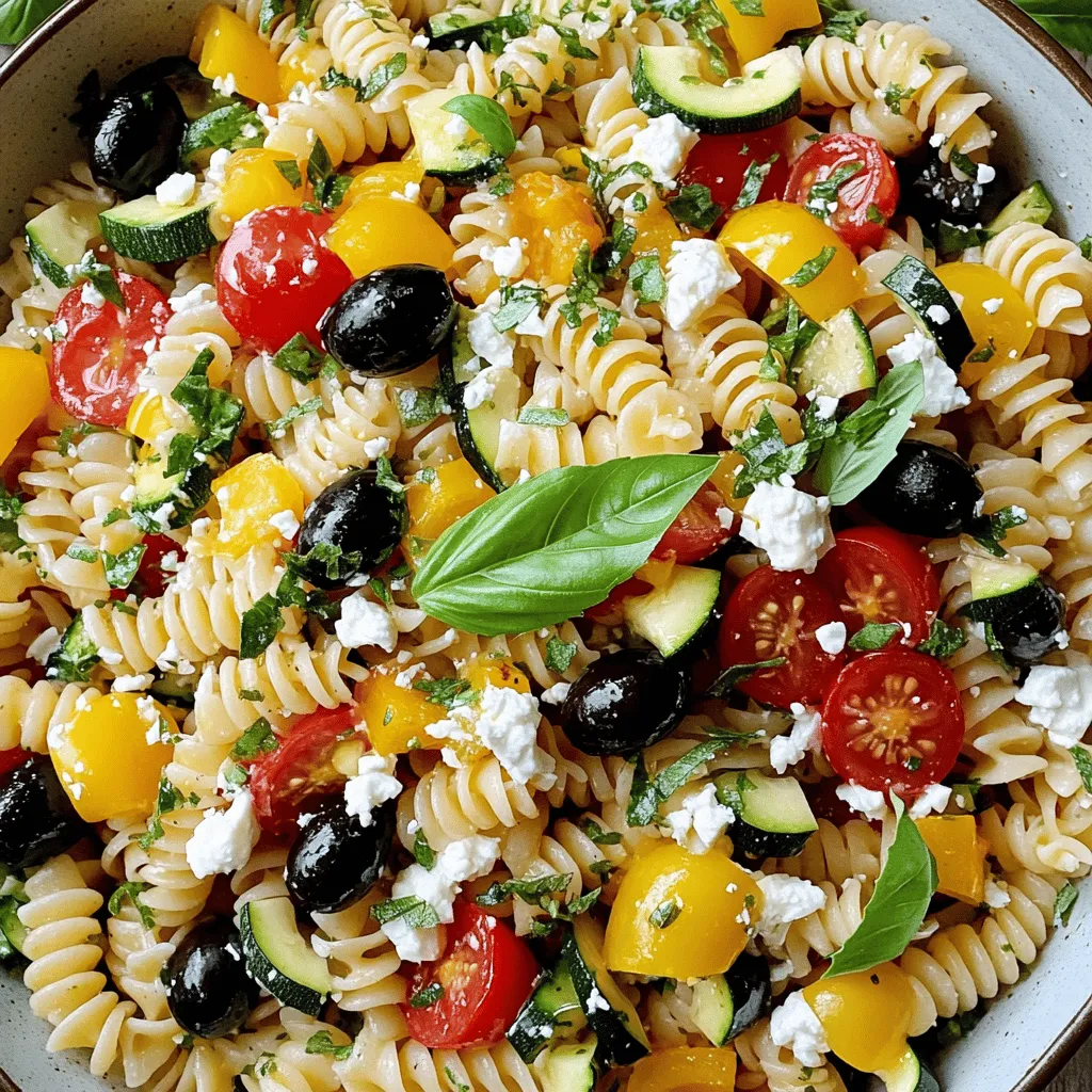 Um einen leckeren mediterranen Nudelsalat mit frischem Gemüse zuzubereiten, braucht man einige Zutaten. Du benötigst 250 g Fusilli oder Penne-Nudeln, eine rote und eine gelbe Paprika, eine kleine Zucchini und 150 g Kirschtomaten. Dazu kommen 100 g Feta-Käse, 50 g schwarze Oliven und frischer Basilikum. Für das Dressing brauchst du Olivenöl, Zitronensaft, Oregano, Salz und Pfeffer.