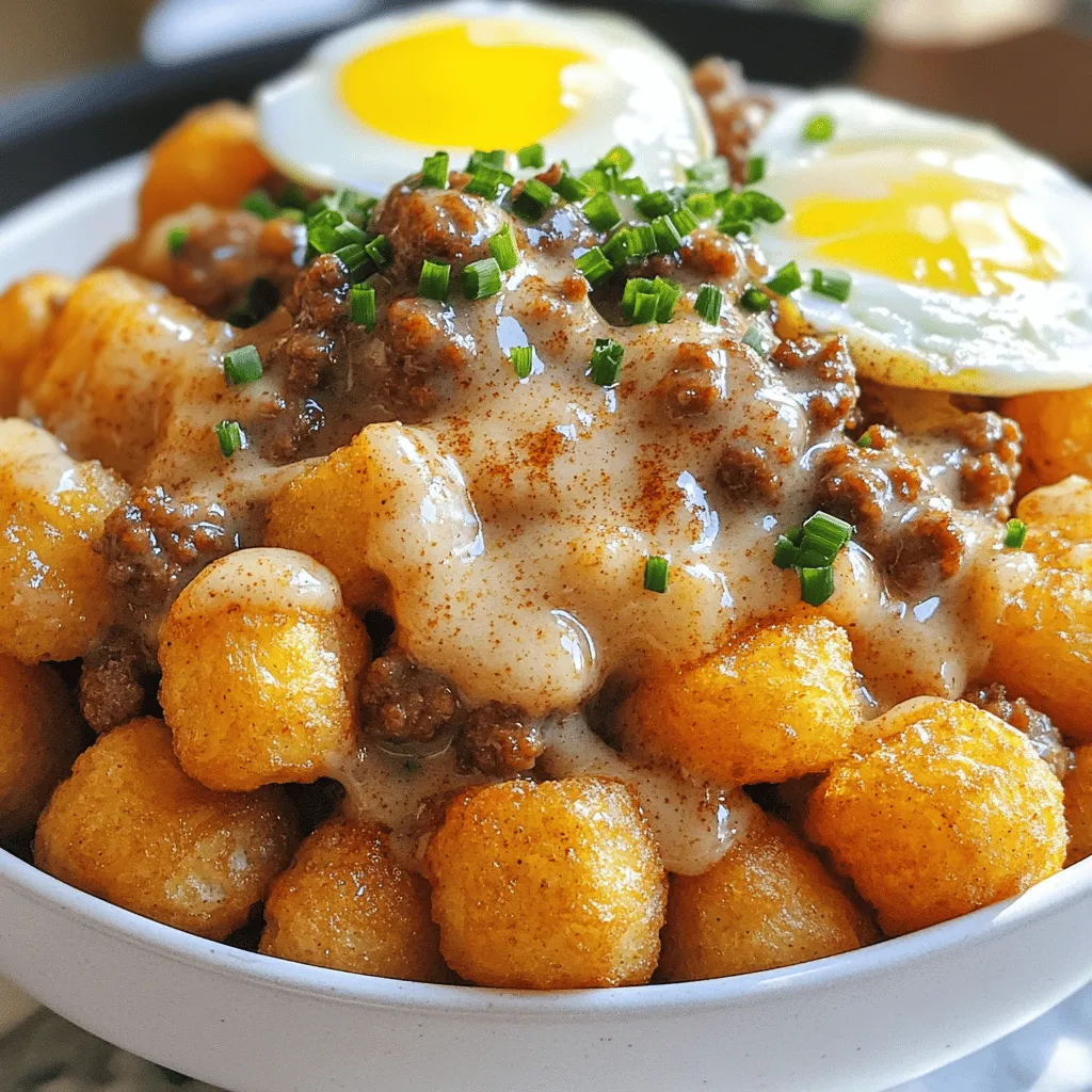 Tater Tot Frühstücks Bowl mit köstlicher Wurstsoße