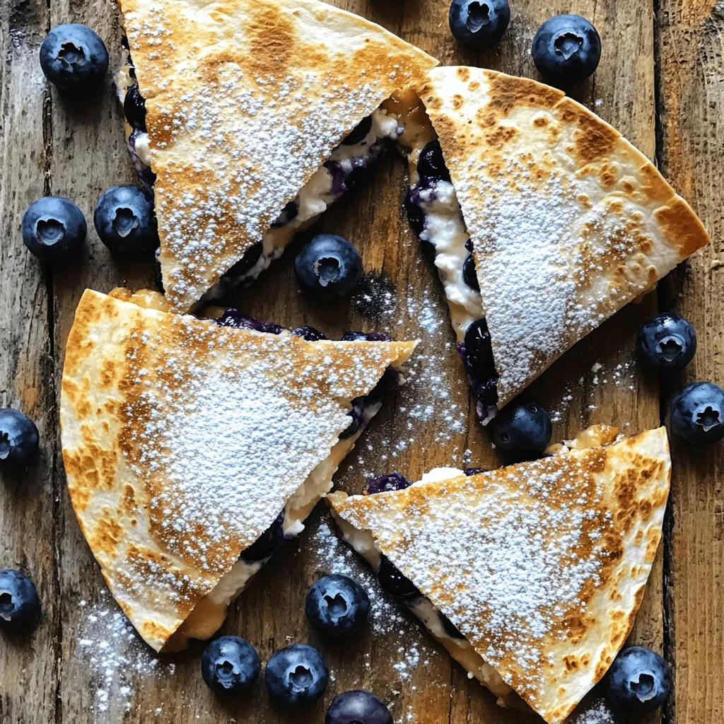 Um eine leckere Frühstücks-Quesadilla mit Blaubeeren zuzubereiten, benötigen Sie frische und einfache Zutaten. Sie brauchen vier Vollkorn-Tortillas, eine Tasse frische Blaubeeren, eine Tasse Ricotta-Käse, einen Esslöffel Honig, einen Teelöffel Vanilleextrakt und einen halben Teelöffel Zimt. Außerdem verwenden Sie einen Esslöffel Kokosöl zum Braten und optional Puderzucker zum Bestäuben.