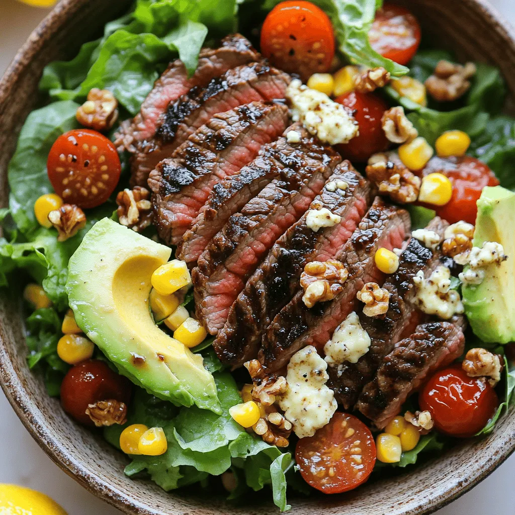 - 450 g Flank Steak - 2 Esslöffel Balsamico-Essig - 180 g gemischte Blattsalate (Rucola, Spinat und Romana) - 150 g Kirschtomaten - 75 g Gorgonzola-Käse - 1 Esslöffel Olivenöl - 30 g Walnüsse - 1 Avocado - 2 Esslöffel Honig - 1 Esslöffel Dijon-Senf - 2 Esslöffel Zitronensaft Die Zutaten für den Balsamico-Rindersteak-Salat sind einfach zu finden. Das Flank Steak gibt dem Salat einen herzhaften Geschmack. Der Balsamico-Essig bringt eine süß-saure Note, die perfekt zum Steak passt. Die Blattsalate sorgen für Frische und Knackigkeit. Kirschtomaten fügen eine süße Säure hinzu, während Gorgonzola eine cremige und salzige Komponente bietet. Für das Dressing benötigen wir Olivenöl, Honig, Dijon-Senf und Zitronensaft. Diese Zutaten bringen Farbe und Geschmack in den Salat. Walnüsse fügen einen schönen Crunch hinzu und die Avocado macht das Gericht reichhaltig und gesund. Ich empfehle, frische und hochwertige Zutaten zu wählen. So schmeckt der Salat noch besser. Den ganzen Prozess macht es einfacher, wenn Sie die Zutaten bereitstellen, bevor Sie mit der Zubereitung beginnen.- Zuerst bereiten Sie die Marinade vor. Mischen Sie in einer Schüssel 2 Esslöffel Balsamico-Essig, 1 Esslöffel Olivenöl, Salz und Pfeffer. - Legen Sie das Flank Steak in die Marinade. Achten Sie darauf, dass es gut bedeckt ist. Lassen Sie das Steak für mindestens 30 Minuten bei Zimmertemperatur ziehen. Für mehr Geschmack können Sie es bis zu 2 Stunden im Kühlschrank lassen. - Heizen Sie den Grill oder eine Grillpfanne auf mittlere Hitze vor. - Legen Sie die frischen Maiskolben auf den Grill. Grillen Sie sie für etwa 10-12 Minuten. Wenden Sie die Kolben regelmäßig, bis sie zart und leicht angekohlt sind. - Nach dem Grillen lassen Sie die Maiskolben abkühlen. Schneiden Sie dann die Körner vom Kolben ab und stellen Sie sie beiseite. - Nehmen Sie das marinierte Steak vom Grill. Grillen Sie es bei hoher Hitze für 5-6 Minuten pro Seite. - Überprüfen Sie die Garstufe, bis das Steak mittel ist oder Ihren Wünschen entspricht. - Lassen Sie das Steak nach dem Grillen für 5 Minuten ruhen. Schneiden Sie es danach in dünne Scheiben gegen die Faser. - In einer großen Schüssel kombinieren Sie die gemischten Blattsalate, die gegrillten Maiskörner, die halbierten Kirschtomaten, den zerbröckelten Gorgonzola und die gehackten Walnüsse. - Für das Dressing verrühren Sie in einer kleinen Schüssel 2 Esslöffel Honig, 1 Esslöffel Dijon-Senf und 2 Esslöffel Zitronensaft. Fügen Sie eine Prise Salz und Pfeffer hinzu und vermischen Sie alles gut. - Träufeln Sie das Dressing gleichmäßig über den Salat. Vermengen Sie die Zutaten vorsichtig, damit alles gut verteilt ist. - Richten Sie den Salat auf Tellern an und garnieren Sie ihn mit den in Scheiben geschnittenen Steakstücken und Avocados. - Sie können auch etwas zusätzlichen Gorgonzola darüber streuen für mehr Geschmack. Die Garstufe ist wichtig für den Geschmack. Es gibt verschiedene Garstufen: rare, medium und well done. Für dieses Rezept empfehle ich medium. Das Fleisch bleibt saftig und zart. Um die Garstufe zu überprüfen, nutzen Sie ein Fleischthermometer. Bei 55–60 °C ist es medium. Wenn Sie kein Thermometer haben, drücken Sie leicht auf das Steak. Wenn es sich weich anfühlt, ist es fertig. Um den Geschmack zu verbessern, können Sie verschiedene Gewürze hinzufügen. Paprika, Knoblauchpulver oder eine Prise Chili bringen neue Aromen. Auch frische Kräuter wie Rosmarin oder Thymian passen gut zu Steak. Für einen extra Kick können Sie etwas Limettensaft oder eine Prise Zimt probieren. Diese kleinen Änderungen machen viel aus. Frische Zutaten sind der Schlüssel zu einem guten Salat. Achten Sie beim Gemüse auf leuchtende Farben und knackige Blätter. Für den Gorgonzola-Käse sollten Sie einen festen, aromatischen Käse wählen. Besuchen Sie lokale Märkte, um saisonale Produkte zu finden. Diese sind oft frischer und geschmackvoller. Kaufen Sie, was aktuell wächst, um den besten Geschmack zu erzielen. Wenn Sie die Tipps und Tricks umsetzen, wird Ihr Balsamic Steak Gorgonzola Salad mit gegrilltem Mais noch besser.{{image_4}} Für eine fleischfreie Version des Balsamico-Rindersteak-Salats können Sie Tofu oder Tempeh verwenden. Beide sind großartige pflanzliche Proteinquellen. Marinieren Sie sie wie das Steak mit Balsamico-Essig und Olivenöl. Grillen Sie sie dann, bis sie goldbraun sind. Das verleiht dem Salat einen herzhaften Geschmack. Um mehr Geschmack hinzuzufügen, probieren Sie verschiedene Gemüsesorten. Paprika, Zucchini und Auberginen sind tolle Optionen. Sie bringen frische Aromen und schöne Farben in den Salat. Grillen Sie das Gemüse bei mittlerer Hitze, bis es weich ist. Ein leichter Rauchgeschmack hebt das Gericht hervor. Brauchen Sie ein anderes Dressing? Probieren Sie ein einfaches Joghurtdressing. Mischen Sie Naturjoghurt, Zitronensaft, Salz und Pfeffer. Für eine süßere Note können Sie auch Balsamico-Creme verwenden. Hausgemachte Dressings sind schnell zubereitet und frisch. Sie verbessern den Geschmack des Salates.Frische Zutaten sind wichtig für den Geschmack. Lagern Sie die Blattsalate im Kühlschrank. Wickeln Sie sie in ein feuchtes Tuch. So bleiben sie frisch. Mais bleibt auch gut. Lagern Sie die gegrillten Maiskörner in einem luftdichten Behälter. Steakreste sollten ebenfalls kühl bleiben. Wickeln Sie das Steak in Folie oder verwenden Sie einen Behälter. So bleibt der Geschmack erhalten. Das Gericht bleibt im Kühlschrank etwa drei Tage haltbar. Achten Sie auf das Steak. Wenn es unangenehm riecht oder sich die Farbe ändert, ist es nicht mehr gut. Auch bei den Salatzutaten sollten Sie vorsichtig sein. Wenn die Blätter welk oder matschig sind, ist es Zeit, sie wegzuwerfen. Übrig gebliebenes Steak kann in vielen Gerichten verwendet werden. Sie können es in einer Suppe oder in einem Wrap verwenden. Ein Salat mit Steakresten ist auch lecker. Für den Salat können Sie einfach die Reste mit frischen Blattsalaten mischen. Fügen Sie etwas Dressing hinzu und genießen Sie eine neue Mahlzeit. Nutzen Sie auch die Reste für ein Sandwich oder eine Quiche. Die Möglichkeiten sind endlos!Die Marinade ist schnell gemacht. Sie brauchen nur 5 Minuten. Mischen Sie Balsamico-Essig, Olivenöl, Salz und Pfeffer in einer Schüssel. Dann legen Sie das Steak hinein. Lassen Sie es mindestens 30 Minuten marinieren. Für mehr Geschmack kann es auch bis zu 2 Stunden im Kühlschrank sein. Ja, gefrorenes Steak ist möglich. Achten Sie darauf, es richtig aufzutauen. Lassen Sie es über Nacht im Kühlschrank auftauen. So bleibt das Fleisch zart. Verwenden Sie das Steak nach dem Auftauen wie frisches Fleisch. Marinieren und grillen Sie es wie gewohnt. Meal-Prep ist einfach. Bereiten Sie die Zutaten im Voraus vor. Grillen Sie den Mais und das Steak und lassen Sie sie abkühlen. Schneiden Sie das Gemüse und den Käse. Bewahren Sie alles in separaten Behältern auf. Mischen Sie die Zutaten kurz vor dem Essen. So bleibt der Salat frisch. Dieser Salat ist nährstoffreich und lecker. Eine Portion hat etwa 400 Kalorien. Er enthält auch gesunde Fette und Proteine. Die Walnüsse und Avocado bieten gute Fette. Gorgonzola bringt Geschmack und Protein. Es ist ein ausgewogenes Gericht für jede Mahlzeit. Ja, Sie können das Rezept im Voraus zubereiten. Marinieren Sie das Steak und grillen Sie es. Bereiten Sie den Salat und das Dressing vor. Lagern Sie alles in Kühlschrankbehältern. Der Salat bleibt frisch für 2-3 Tage. Die Aromen werden sogar besser, wenn sie etwas ziehen. Dieser Balsamico-Rindersteak-Salat ist einfach und köstlich. Wir haben hochwertige Zutaten, eine einfache Anleitung und nützliche Tipps, um Ihnen zu helfen. Sie können Variationen ausprobieren, um Ihren persönlichen Geschmack zu treffen. Lagern Sie Reste gut und nutzen Sie sie kreativ. Denken Sie daran, frische Zutaten macht den Unterschied. Mit diesen Punkten können Sie ein schmackhaftes Gericht zaubern und auch gesunde Varianten in Betracht ziehen. Viel Spaß beim Kochen!