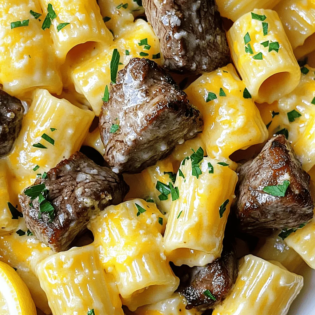 Knoblauchbutter Steak Tipps mit Käse Rigatoni Genuss