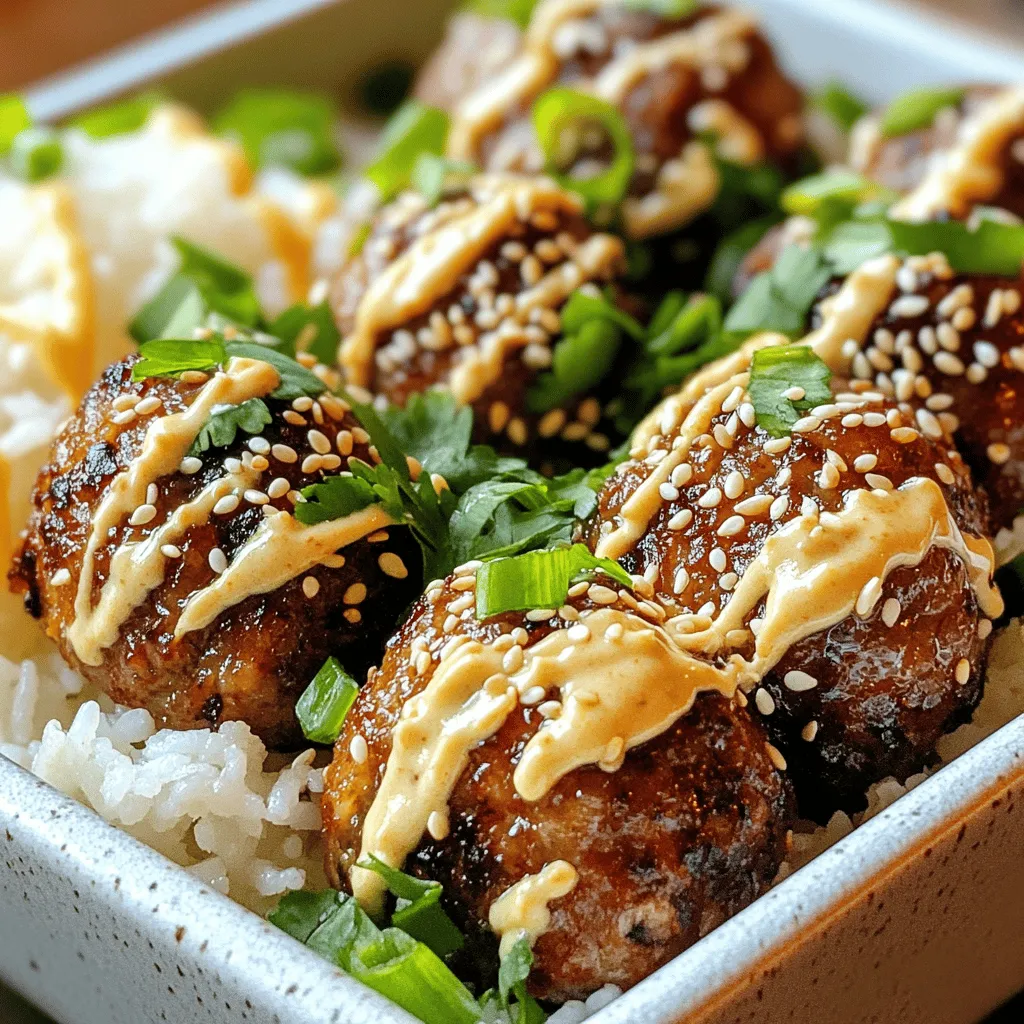 Für die köstlichen Fleischbällchen brauchst du: - 450 g Rinderhackfleisch oder Putenhackfleisch - 60 g Panko-Semmelbrösel - 60 g Frühlingszwiebeln, fein gehackt - 2 Esslöffel Sojasauce - 1 Esslöffel Sesamöl - 1 Esslöffel Knoblauch, gehackt - 1 Esslöffel Ingwer, gerieben - 1 Esslöffel brauner Zucker - 1 Teelöffel schwarzer Pfeffer - 1 Ei, leicht verquirlt - 1 Esslöffel Sesamkörner (zum Garnieren) Diese Zutaten sorgen für einen tollen Geschmack. Das Rinderhackfleisch gibt den Bällchen eine saftige Textur. Panko-Semmelbrösel machen die Bällchen knusprig. Frühlingszwiebeln bringen Frische und Farbe. Für die scharfe Mayo benötigst du: - 120 g Mayonnaise - 1 Esslöffel Sriracha (nach Geschmack anpassen) - 1 Teelöffel Limettensaft - 1 Teelöffel Sesamöl - Prise Salz Die scharfe Mayo ergänzt die Fleischbällchen perfekt. Mayonnaise sorgt für Cremigkeit. Sriracha gibt die gewünschte Schärfe. Limettensaft bringt eine frische Note. Wähle frische Zutaten aus. Das Fleisch sollte rot und fest sein. Achte darauf, dass die Panko-Semmelbrösel knusprig sind. Frühlingszwiebeln sollten grün und knackig sein. Für die Mayo verwende eine hochwertige Marke. Frische Limetten sind besser als Flaschenlimettensaft. Diese kleinen Details machen einen großen Unterschied. Zuerst heize deinen Ofen auf 200°C (400°F) vor. Lege ein Backblech mit Backpapier aus. Dies verhindert, dass die Fleischbällchen kleben bleiben. Jetzt bereitest du die Fleischball-Mischung vor. In einer großen Schüssel kombinierst du Rinderhackfleisch, Panko-Semmelbrösel und fein gehackte Frühlingszwiebeln. Füge dann Sojasauce, Sesamöl, gehackten Knoblauch, geriebenen Ingwer, braunen Zucker, schwarzen Pfeffer und ein leicht verquirltes Ei hinzu. Mische alles gut, aber übertreibe es nicht, denn die Bällchen sollen locker bleiben. Jetzt forme mit deinen Händen kleine Fleischbällchen. Sie sollten etwa 2,5 cm groß sein. Lege die Bällchen auf das Backblech und achte darauf, genug Platz zwischen ihnen zu lassen. So können sie gleichmäßig backen. Schiebe das Blech in den heißen Ofen und backe die Fleischbällchen für 20 bis 25 Minuten. Sie sind fertig, wenn sie durchgegart und leicht gebräunt sind. Während die Fleischbällchen im Ofen sind, kannst du die scharfe Mayo zubereiten. Nimm eine kleine Schüssel und kombiniere Mayonnaise, Sriracha, Limettensaft und Sesamöl. Füge eine Prise Salz hinzu und rühre alles gut durch. Diese scharfe Mayo bringt einen tollen Kick zu den Fleischbällchen. Wenn die Bällchen fertig sind, beträufle sie mit der Mayo und bestreue sie mit Sesamkörnern. So wird dein Gericht perfekt angerichtet. Für das vollständige Rezept, besuche die Rubrik 